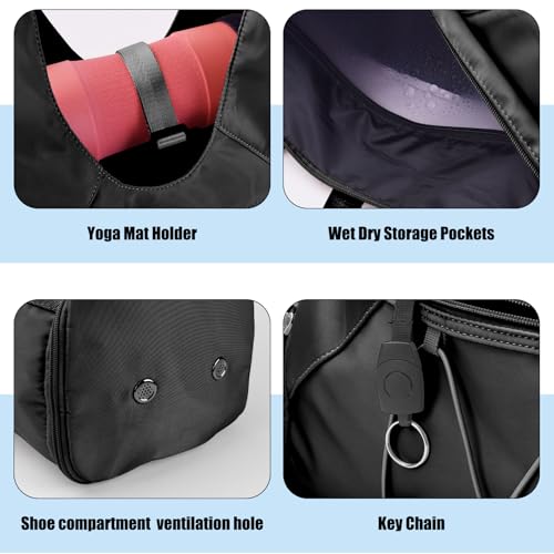 Forestfish Gym Bag For Women With Yoga Mat Holder, Black | Shoe Compartment, Wet Dry Storage Pocket, Removable Shoulder Strap, Lightweight & Water Resistant - color: Black