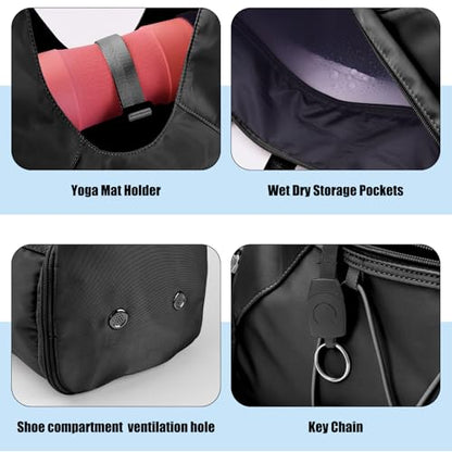 Forestfish Gym Bag For Women With Yoga Mat Holder, Black | Shoe Compartment, Wet Dry Storage Pocket, Removable Shoulder Strap, Lightweight & Water Resistant - color: Black