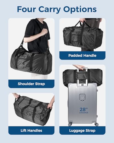 pack all 65L Foldable Travel Duffel Bag, Shoe Compartment Weekender Bag | Ultralight, Packable, Water Resistant, Tear Resistant Nylon, Detachable Strap, Luggage Sleeve, For Travel, Camping, Black - color: Black, size: 65L
