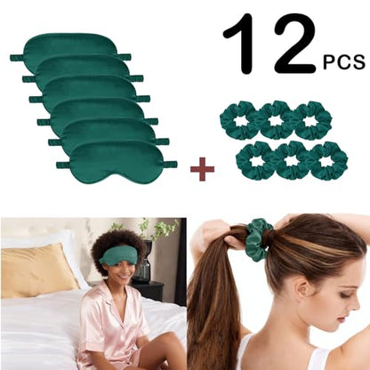 12Pcs Silk Sleep Masks Satin Eye Mask Silky Eyes Cover Blindfold Eyeshade Hair Ties Scrunchy Travel Bridesmaids Gifts - color: Peacock Green