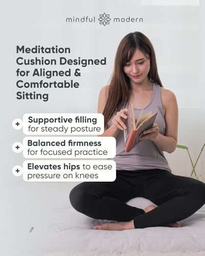 Mindful & Modern Large Meditation Cushion for Zafu Yoga - Meditation Pillow for Sitting on the Floor - Buckwheat Hull Filled Yoga Cushion with Removable, Washable 100% Cotton Cover and Carry Handle - color: Round - White