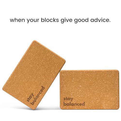 Cork Yoga Blocks 2 Pack – Premium Cork Grain, Highly Stable, Chip Resistant | Extra Large 4" x 6" x 9", No Wobble, Heavy Duty, Durable, Crumble-Free, Comfort Edges, Artisanally Crafted, Yoga Strap Set - color: Stay Balanced