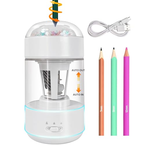 Electric Pencil Sharpener(6-8mm), Fully Automatic Colored Pencil Sharpener for Kids with Auto in & Out Rechargeable Sharpener for Classroom//Office/Home Kids Gift - color: Yf8147_white