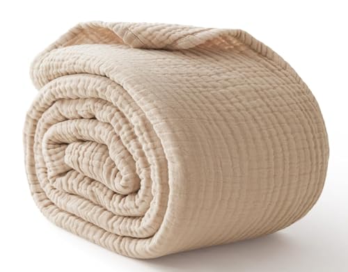 100% Cotton King Size Blankets for Bed 108" x 90", 6 Layers Cooling and Soft Muslin Throw Blanket, Lightweight Quilt Bedspread Coverlet, Gauze Blanket for Adults All Season, Linen Beige - color: 01 - Beige, size: King(108" X 90")