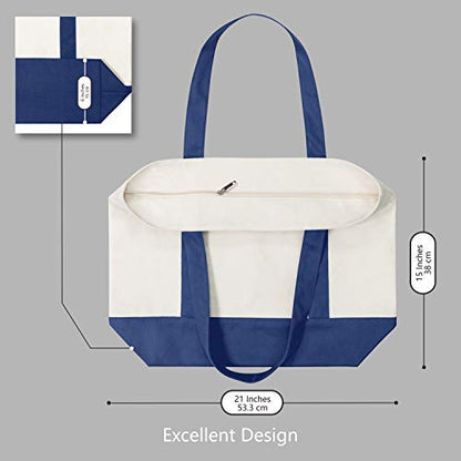 TOPDesign 1-Pack Canvas Tote Bag with an External Pocket, Reusable Grocery Shopping Bag, Top Zipper Closure, Daily Essentials (Blue/Natural) - color: Blue/Natural