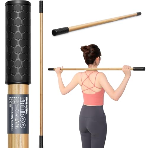 Bamboo Dowel Rod, 5ft/149 cm, Flexibility Stick for Physical Therapy | Premium Yoga Stick with Super Sturdy Rubber Handle Ends, Exercise Bar for Posture Corrector, Stretch - color: Bamboo-texture
