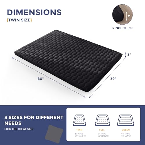 MAXYOYO Japanese Floor Futon Mattress Twin Size, 3" Thicken Mattress | Sleeping Pad Foldable Roll Up Mattress, Portable Floor Mattress Pad for Adults, Guest Room, Camping, Black - color: Black, size: Twin