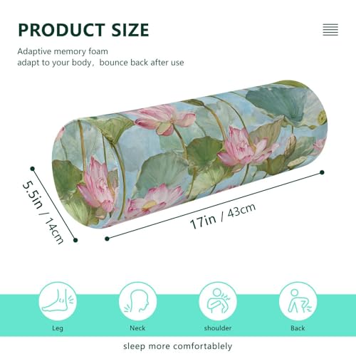 Bolster Pillow Neck Pillow Round Soft Health Memory Foam Pillows Long Cylindrical Body Pillow with Removable Cover Cute Back Yoga Dark Green Leaf Lotus Flower 17" x 5.5" - color: Dark Green Leaf Lotus Flower