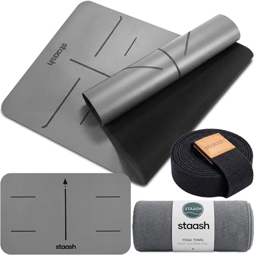 STAASH Premium Yoga Set – PU & Natural Rubber Mat + Towel + Strap + Knee Pad – Non-Slip Grip, Eco-Friendly, Studio Quality - color: Dark Grey