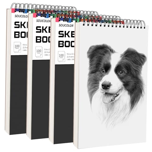 Soucolor Artist 9x12 Sketch Book Set, 4 Pack 400-Sheet Spiral Drawing Pads | Skerch Book for Adults 68lb/100gsm | Acid-Free Drawing Paper for kids Art Supplies,Charcoal,Graphite,Pastel Pencils & Sticks - color: Black, size: 9" x 12" (Pack of 4)