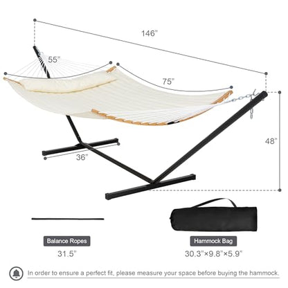 Outdoor Hammock with Stand Included, Two Person Hammock, Beige | Heavy Duty Hammock with Curved Spreader Bars, Pillow, Safety Ropes and Portable Carring Bag, Large Hammock, Max 450 Lbs - color: Beige
