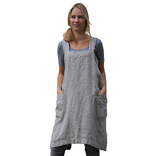 Larmliss Women's Pinafore Square Apron Baking Cooking Gardening Works Cross Back Cotton/Linen Blend Dress with 2 Pockets - color: Gray, size: Medium