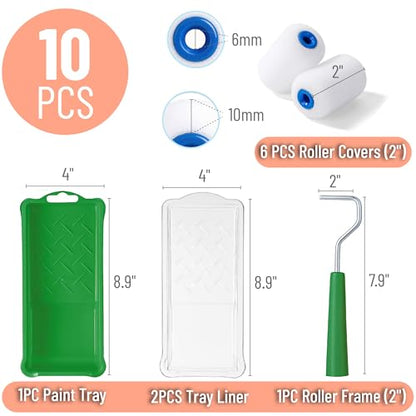 Bates- 2 Inch Foam Paint Roller Kit, 10 Pack, Small Paint Roller Kit, 1x Plastic Paint Tray, 2X Clear Disposable Tray Liners, 1x Roller Frame & 6X Mini Foam Covers for Painting Wall, Door, Cabinet - color: Green