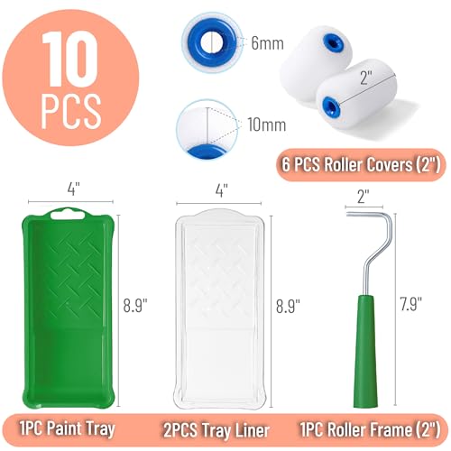 Bates- 2 Inch Foam Paint Roller Kit, 10 Pack, Small Paint Roller Kit, 1x Plastic Paint Tray, 2X Clear Disposable Tray Liners, 1x Roller Frame & 6X Mini Foam Covers for Painting Wall, Door, Cabinet - color: Green