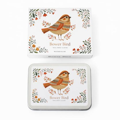 Bower Bird Travel Ceramic Watercolor Palette with Porcelain Mixing Tray, Metal Tin Box, White, 5.3x3.5x0.55 Inches, Portable Art Kit (18Well)