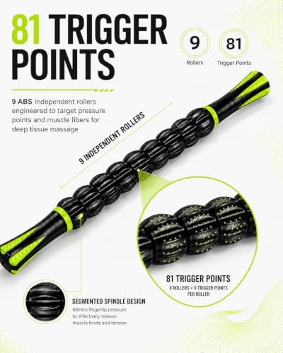 Massage Roller Stick for Muscles Deep Tissue, Portable Muscle Roller with 9 Independent ABS Rollers, 81 Contact Points, Dual-Grip Handles for Gym & Home Use
