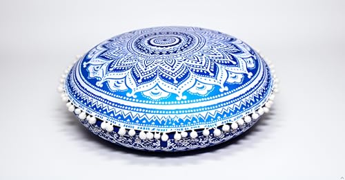 CRAFT KALA Round Mandala Boho Pillow Cover Meditation India Room Seating Poufs Cover for Living Room Yoga Room Home Décor Bedroom Balcony Garden Decoration Cotton Floor Cushion Cover (22", Blue Ombre) - color: Blue Ombre, size: 22"