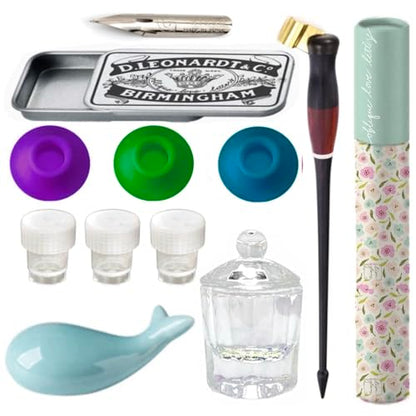 Oblique Calligraphy Pen Set Copperplate Calligraphy Pen,Glass Ink Well Empty Ink Well for Oblique Nib Holder Nikko g Nib Pen Rest & Nib Tin Organizer (Oblique Pen Set w/Whale Rest) - style: Oblique Pen Set w/ Whale Rest