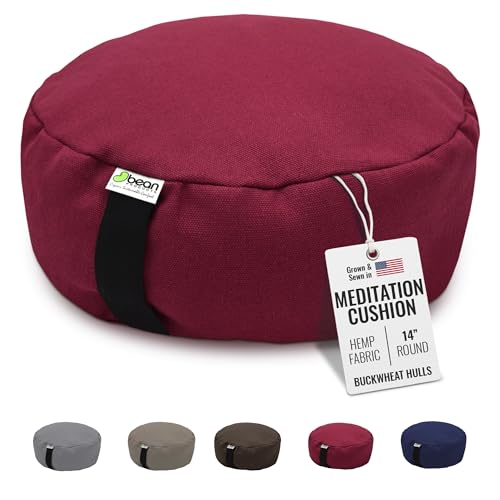 Bean Products Hemp Round Zafu Meditation Cushion, Yoga Pillow - Cranberry | Heavy Weight Washable Hemp Cover - Buckwheat Hull Filled Inner liner - Zen Floor Sitting Cushion - 14" Diameter - color: Hemp Cranberry, size: Round - 14"