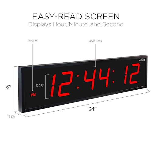 Ivation Oversized Digital Wall Clock with Large LED Display & Timer, 24" | Multi-function with Timer, Stopwatch, Alarms, Temp & Date, Aluminum frame, 6 Brightness levels, Time memory, Remote | Red - color: Red, size: 24" Inch