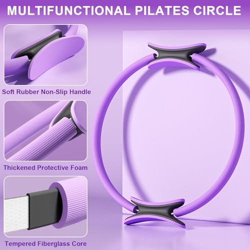 Pilates Ring Equipment Set, Home Pilates Kit for Women with 13’’ Magic Ring with Dual Padded Handles, Small Pilates Ball, 5 Resistance Bands & Complete Fitness Guide, Pilates Essential Accessories - color: 15pcs Purple