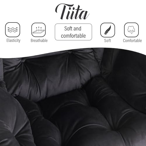 Tiita Lazy Chair with Ottoman, Comfy Reading Accent Chair, Velvet Black | Foldable Footrest, Padded Seat and Backrest, Side Pocket for Lounging in Living Rooms, Bedrooms, Dorms and Small Spaces - color: Black