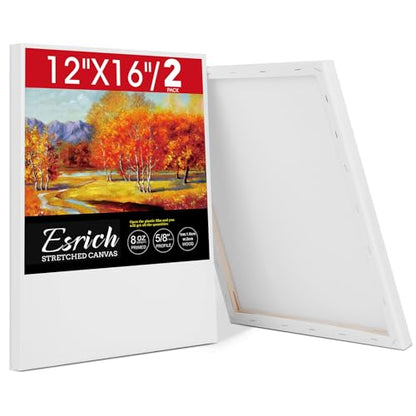 ESRICH Stretched Canvas for Painting 12x16 Inch, 2 Pack Blank Canvas -5/8 in Profile Primed Cotton White Canvases for Painting for Oil & Acrylic Paint - size: 12x16in