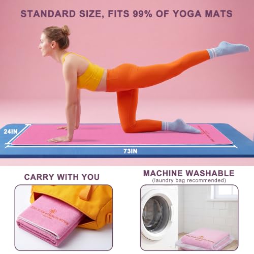 Upgraded Yoga Mat Towel with Bonus Grip Socks, Elegant Embroidered - color: Rose Pink