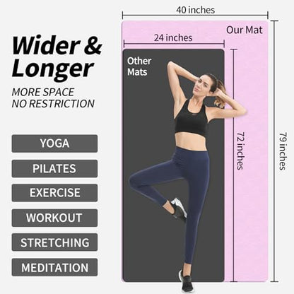 Hatha Yoga Extra Long TPE Yoga Mat 79" x 40" x 1/2" Thick Non-slip Exercise Mat for Home Gym Use, Yoga, Pilates, Fitness & Workouts - color: Pink