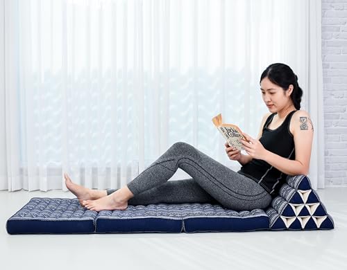 Leewadee Thai Foldable Floor Mat 67 x 21 inches Kapok with Backrest | Floor & lounge cushion for relaxing, reading & TV - for meditation & yoga, firm & stable - color: Cbt2 - Dark Blue, size: 3 seating segments