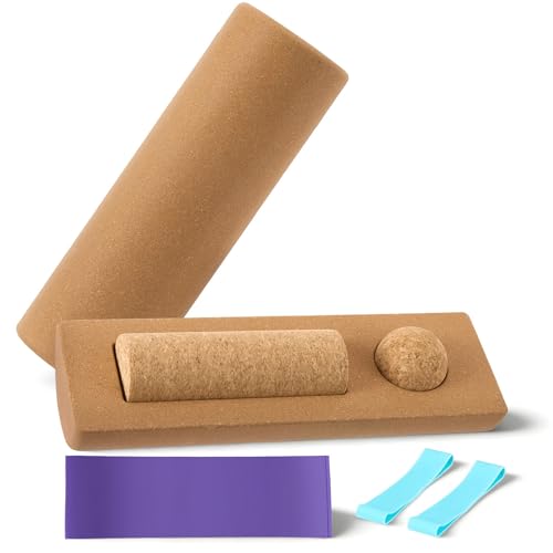 Natural Cork 5 in 1 Balance Board Kit, Foot & Ankle Strengthener with Massage Roller, Ball, Toe & Yoga Resistance Bands, Balance Trainer for Stability, Foot Strength, Pain Relief & Home Fitness