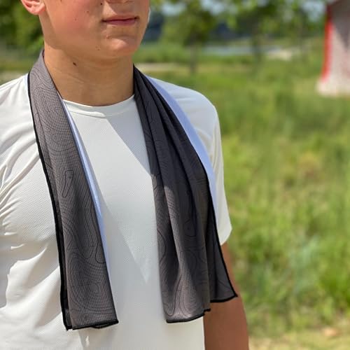 SHAKEitCOOL Extended Size Cooling Towel – Be Cool in Style - Heat Relief, Soft, Lightweight, Sun Protection, Easy Clean - Perfect for Biking, Hiking, Running, Yoga, Golf, Gardening - Black Topo M - color: Black Topo