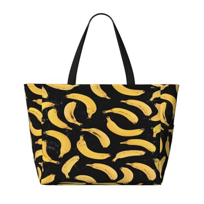 Large Beach Bag for Women Waterproof Foldable Travel Shoulder Tote Bag with Pocket for Weekender Pool Vacation - color: Banana Black