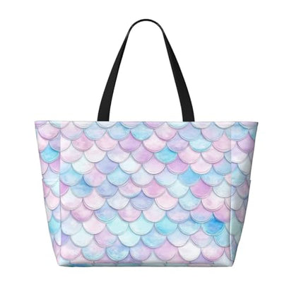 Large Beach Bag for Women Waterproof Foldable Travel Shoulder Tote Bag with Pocket for Weekender Pool Vacation - color: Fish Purple