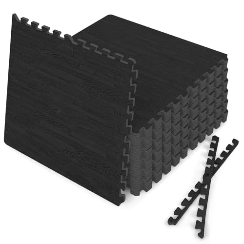 Tangkula 25 Tiles Foam Flooring Mats with Border, 100 SQ FT EVA Interlocking Exercise Foam Mats for Exercise Equipment, Elastic Puzzle Play Mats, 3/8” Non-Slip Workout Floor Mats for Home Gym (Black) - size: 100 sq.ft, Black