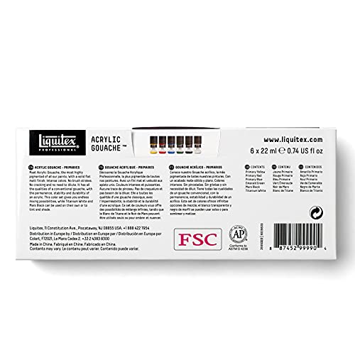 Liquitex Acrylic Gouache Paint Set, 6 x 22ml (0.74-oz), Primaries | Ultra pigmented, low viscosity, flat matte finish, no brush strokes, permanent & non-cracking & perfect for color-blocking - style: Primaries Set 12 x 22ml (0.74-oz)