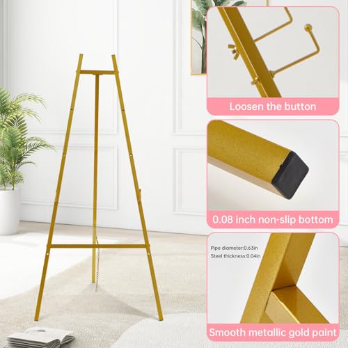 57" Gold Easel Stand for Sign, Heavy Duty Metal Floor Display Easel | 4-Tier Adjustable Floor Display Easel for Wedding Signs, Welcome Signs, Posters, Mirrors, Pictures, Art, Parties & Paintings - size: 57