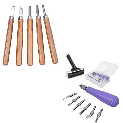 UCEC 5+1+1+6 Pack Linocut Wood Carving Tools Set Linoleum Experts & Beginners 6 Blades Universal Size Purple with 4‘’ Brayer Roller