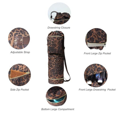 ESVAN Yoga Mat Bag with Multi Pockets Drawstring Yoga Mat Carrier Pilates Exercise Multi-Functional Storage Bag - color: Leopard Print New