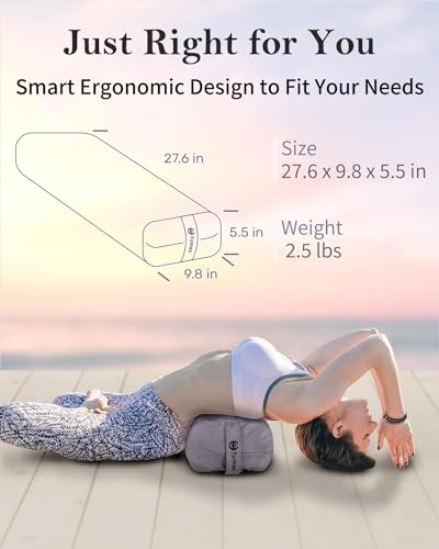 Tumaz Yoga Bolster Set, Rectangular Yoga Bolster with Washable Cover | Soft bolster for restorative yoga, meditation and stretching. Includes 8-ft strap, carry handle and washable cover - color: Gray