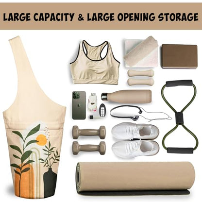 Yoga Mat Bag Carrier for Women with Side Large Pocket Durable Linen Workout Gym Travel Storage Pilates Mats - color: Boho Plants