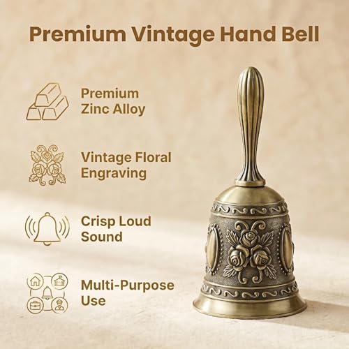 Vintage Hand Bell, Bronze Metal with 3D Rose Embossed Design, Ergonomic Handle, Loud Clear Tone, for Dinner, Wedding, Classroom, Meditation, 4.53 Inch