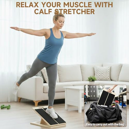 Adjustable Wooden Slant Board for Calf Stretching, 5-Level Incline Board for Ankle Mobility, Leg Stretching & Balance Training, Non-Slip Calf Stretcher for Physical Therapy, Yoga, Fitness & Home Gym