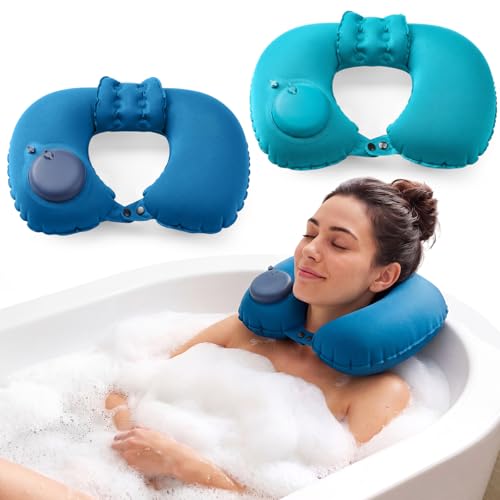 Colingmill 2 Pcs Inflatable Bath Pillows for Tub, U-Shaped Neck & Head Support Cushion, Portable Blow Up Travel Neck Pillow with Adjustable Button for Airplanes & Home Spa(Peacock Blue, Royal Blue) - color: Peacock Blue, Royal Blue
