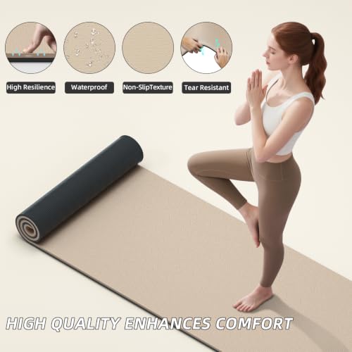 ILILI 10mm Extra Thick, TPE Yoga Mat, 76×28 Inch Extra Long, Carrying Strap | Double‑Color, Non‑Slip, Eco‑Friendly, Cushioned for Yoga, Pilates, Floor Exercise, Home Fitness, Outdoor Travel - color: Beige+Black