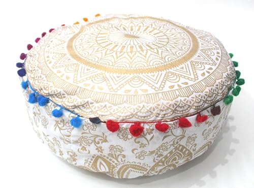 ICC Floor Pillows & Cushion covers Decorative Hippie Mandala Pouf Pillow covers Seating Meditation Cushion Cover Large Boho Ottoman Case Pillowcase Couch White Gold Matellic 16" Round - color: White Gold Matellic, size: 16"D x 16"W x 5"H