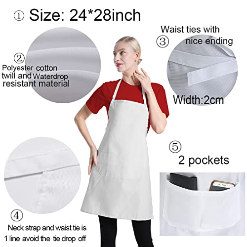 Total 15 PCS Plain Color Bib White Apron for Women Adult with 2 Front Pocket - color: White