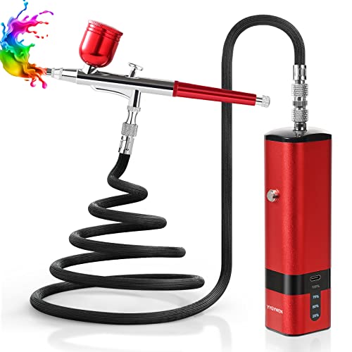 Airbrush Kit with Compressor, 32PSI Handheld Mini Air Brush Gun Set, Portable High Pressure Air Brushes for Painting, Tattoo, Nail Art, Mode, Makeup, Cake, Barber - color: Red, size: Dual-Action