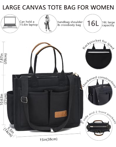 ZHMO Canvas Tote Bag for Women,Women's Bags Crossbody Bags Work Laptop Tote Bag Large Handbags Purse for Travel Nurse Teacher - color: New Upgrade Black With Compartments and Inner Cup Holders