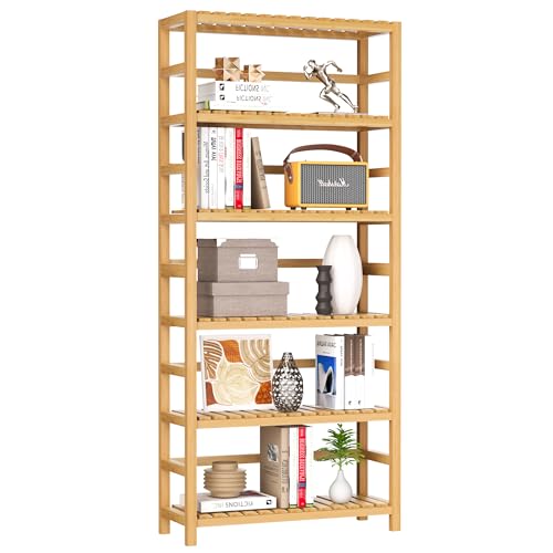 VASMIA 6-Tier Bamboo Shelf,Bamboo Storage Shelving Unit,Tall Bookcase with Adjustable Shelves,Multipurpose Storage Display Shelf for Bathroom, Living Room, Balcony, Kitchen,Natural - color: Natural, size: 6-Tier